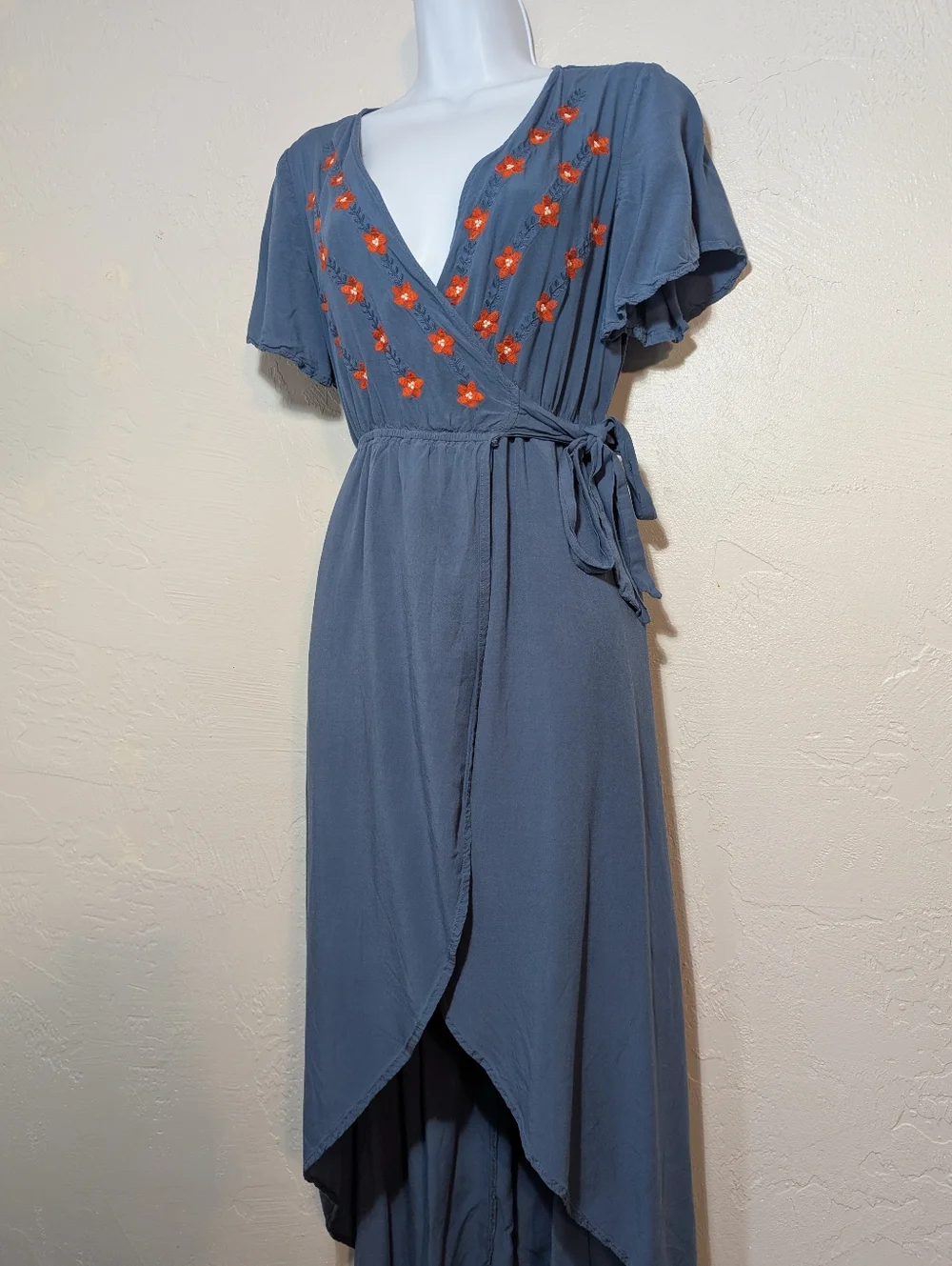 Blue Cottagecore Wrap Dress Boho Floral Embroidery Flowy Hippie Casual Summer